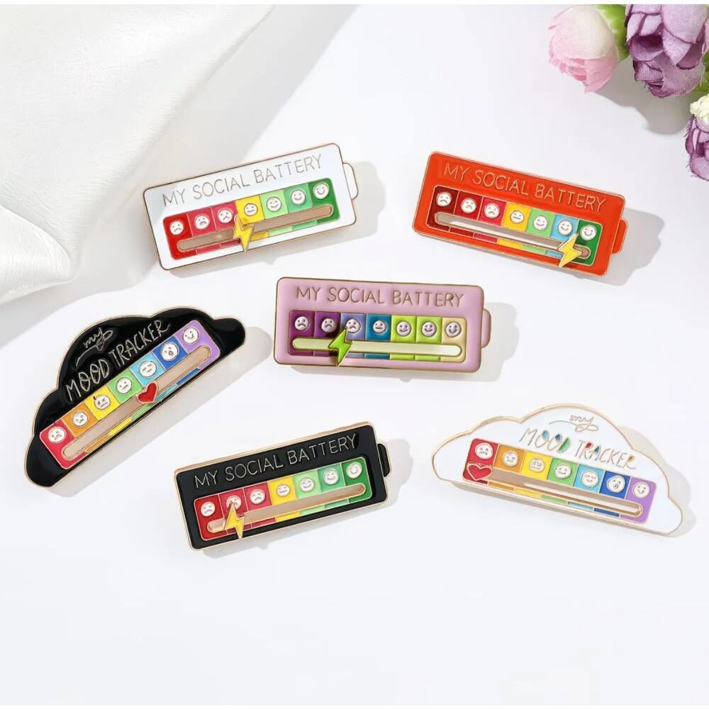1X Sliding Social Battery Mood Tracker Enamel Pin Adjustable Energy Brooch